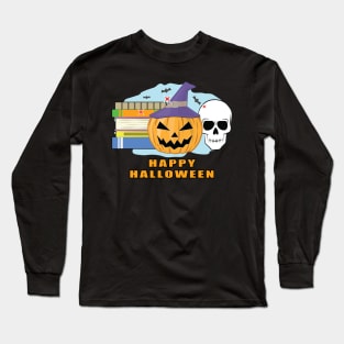 Happy Reading Halloween - Spooky Skull, Pumpkin & Books Long Sleeve T-Shirt